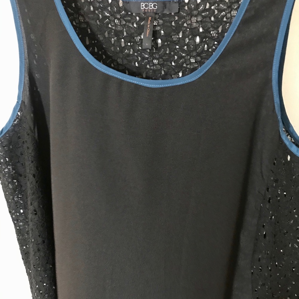 BCBG Paris black flower mesh back with blue trim